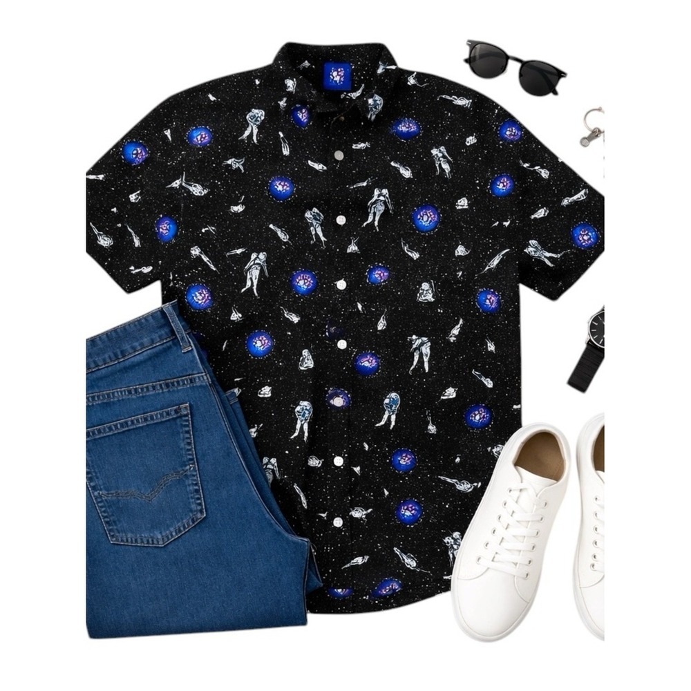 Massive Apparel NASA Astronaut Space Print Button Up Shirt Black Men Size L EUC